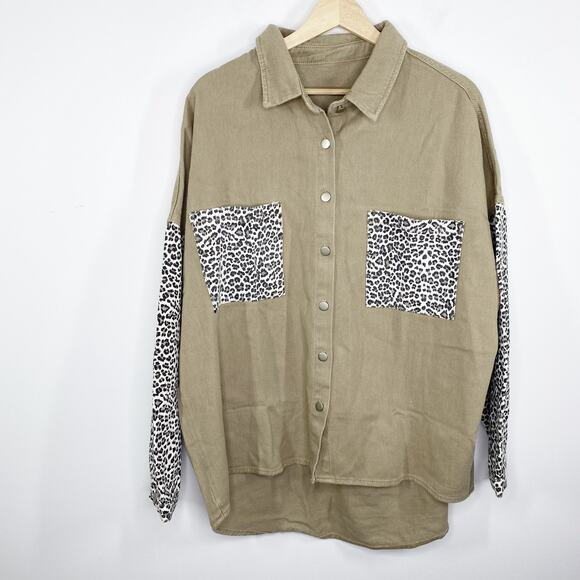 Taupe Grey Green Denim Animal Print Patchwork Jacket Women's Size 2XL NWOT - Picture 1 of 5